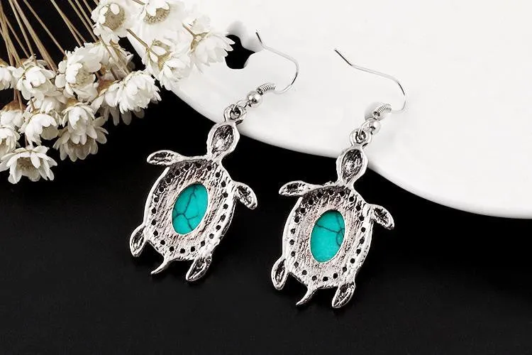 Vintage Silver Tone Animal Tortoise Jewelry Sets Turquoise Earrings Necklace Bracelet Fashion Women Little Turtle Accessories