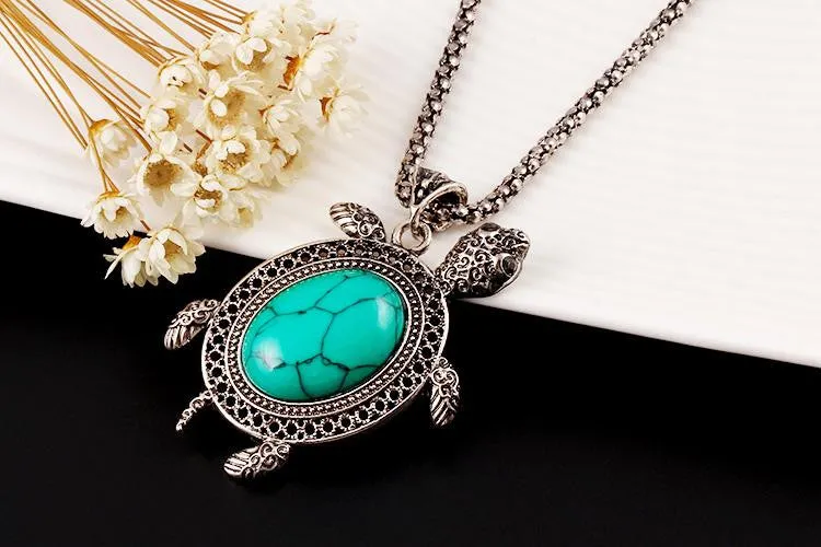 Vintage Silver Tone Animal Tortoise Jewelry Sets Turquoise Earrings Necklace Bracelet Fashion Women Little Turtle Accessories