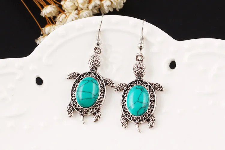 Vintage Silver Tone Animal Tortoise Jewelry Sets Turquoise Earrings Necklace Bracelet Fashion Women Little Turtle Accessories