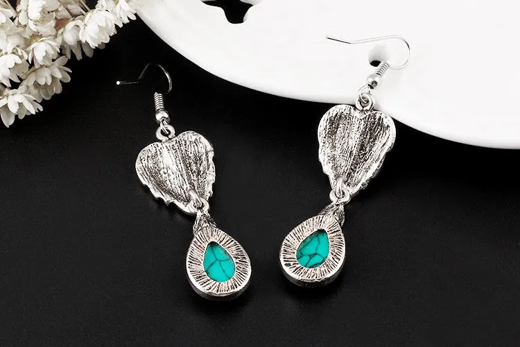 Vintage Silver Tone Leaf Jewelry Sets Heart Turquoise Earrings Necklace Bracelet Fashion Teardrop Shape For Women Accessories