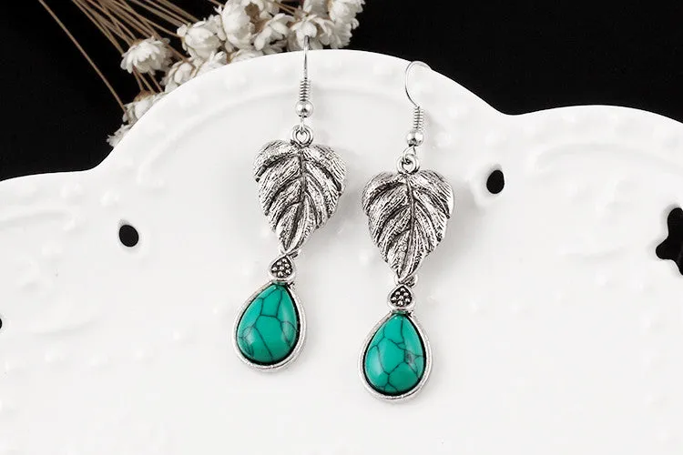 Vintage Silver Tone Leaf Jewelry Sets Heart Turquoise Earrings Necklace Bracelet Fashion Teardrop Shape For Women Accessories