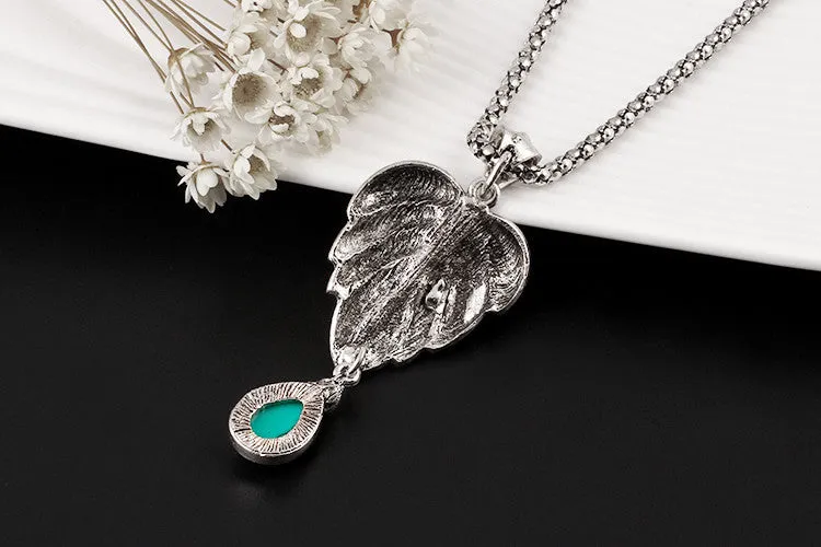 Vintage Silver Tone Leaf Jewelry Sets Heart Turquoise Earrings Necklace Bracelet Fashion Teardrop Shape For Women Accessories