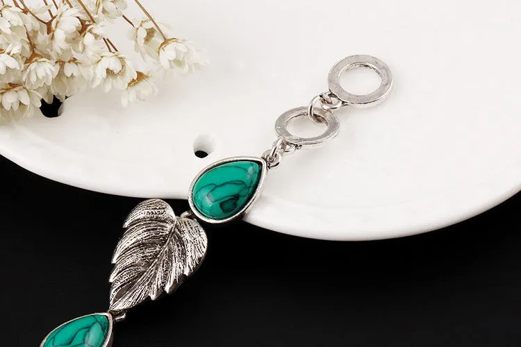 Vintage Silver Tone Leaf Jewelry Sets Heart Turquoise Earrings Necklace Bracelet Fashion Teardrop Shape For Women Accessories