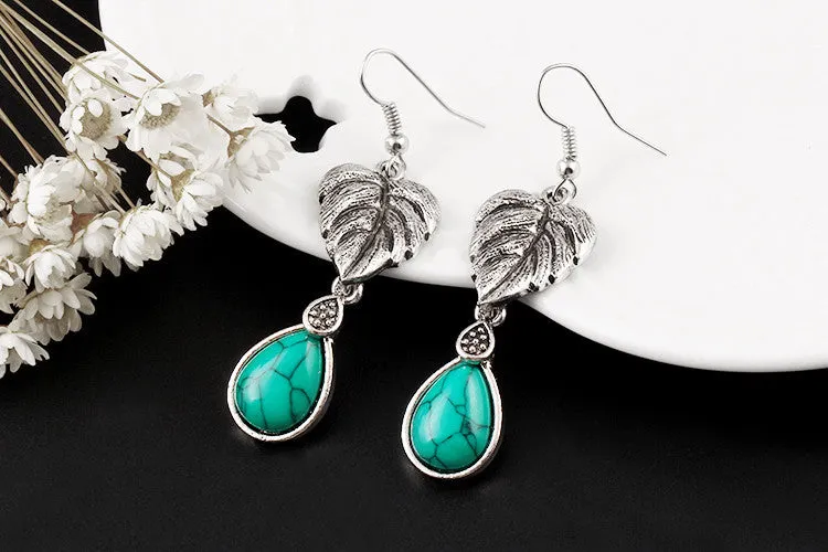 Vintage Silver Tone Leaf Jewelry Sets Heart Turquoise Earrings Necklace Bracelet Fashion Teardrop Shape For Women Accessories