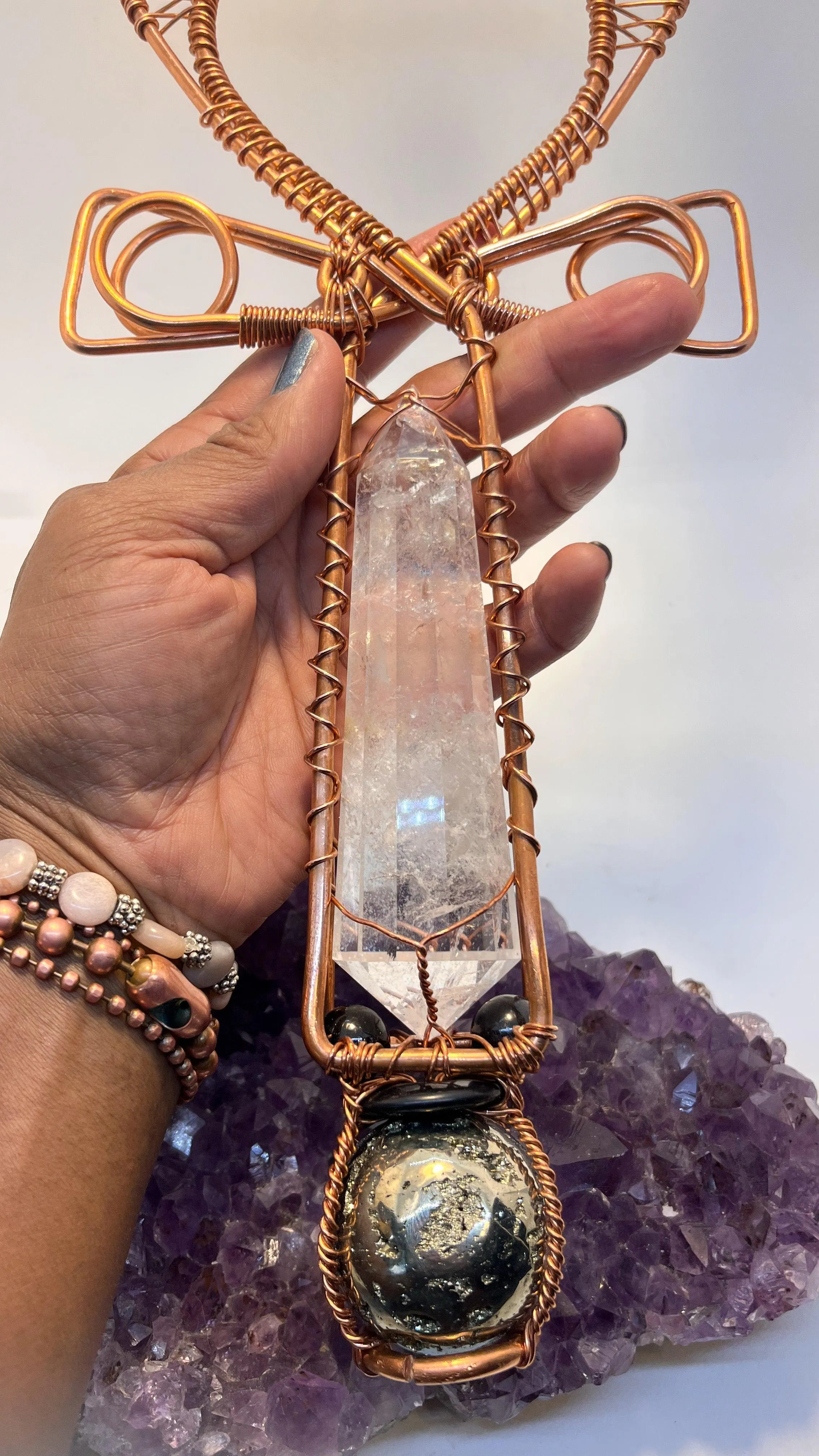 Vogel Quartz Crystal Malachite Amethyst Citrine Shungite Hypersthene and Pyrite Copper Ankh