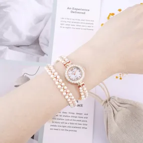 Watch Thin Strap Small Exquisite Elegant Graceful Two Circles Fashion Zircon Pearl  Bracelet Watch