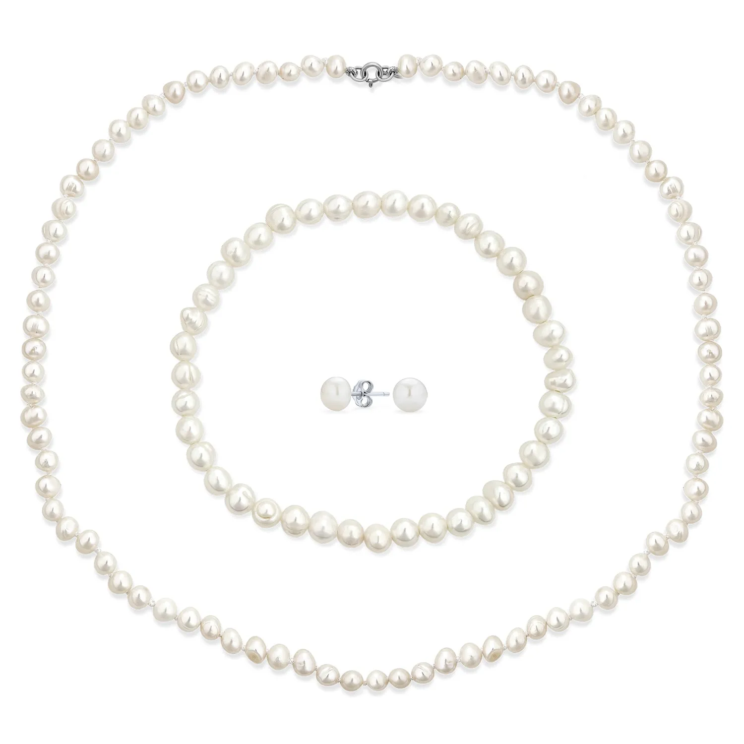 White Freshwater Pearl Necklace Bracelet & Earrings 3PCS Jewelry Set 18 Inch