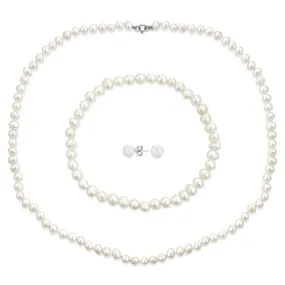 White Freshwater Pearl Necklace Bracelet & Earrings 3PCS Jewelry Set 18 Inch