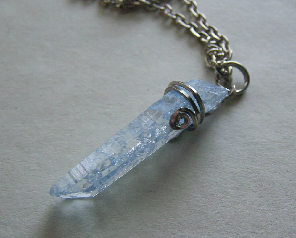 Wire Wrapped Sky Blue Raw Quartz Crystal Point Pendant