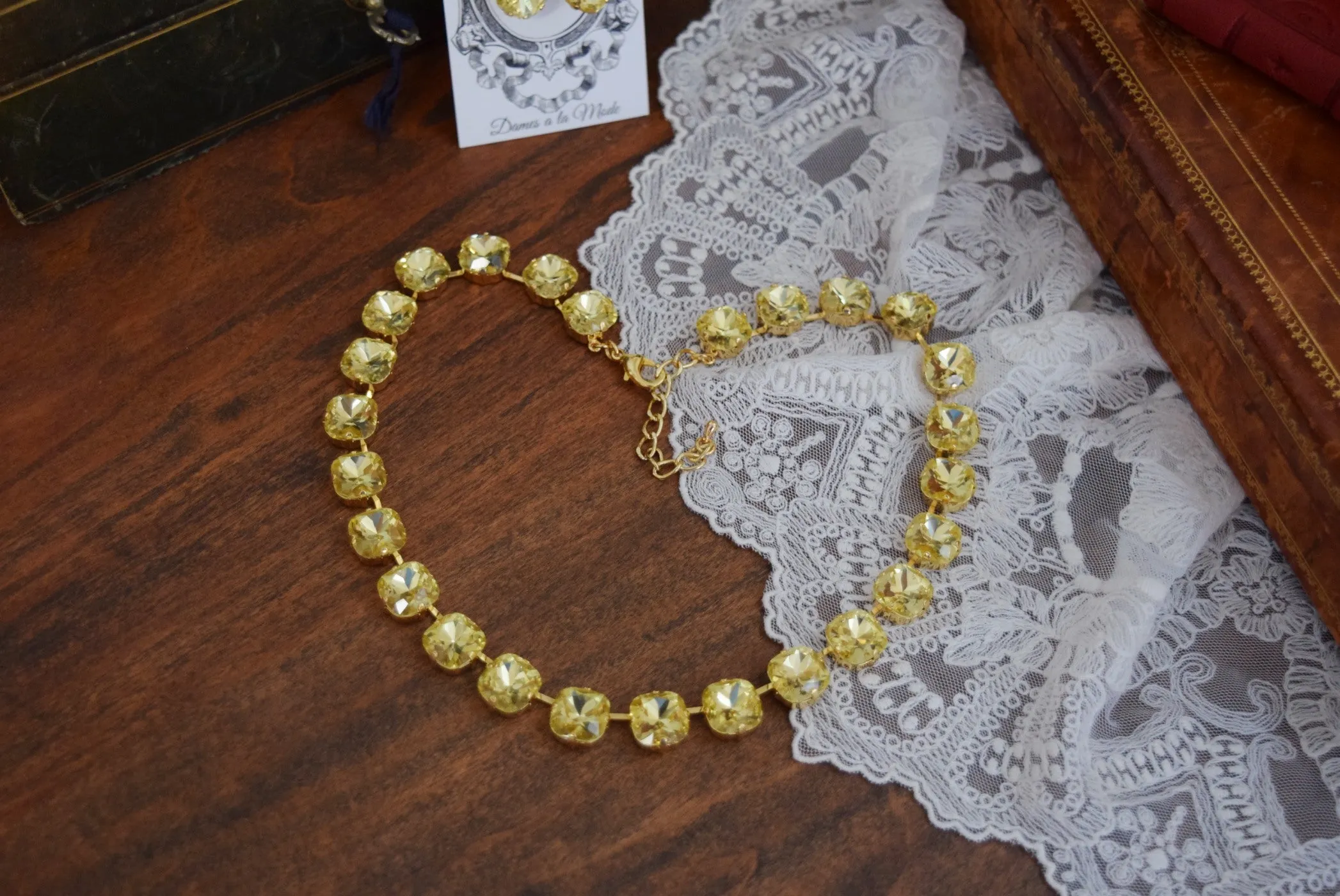 Yellow Aurora Crystal Collet Necklace - Medium Square