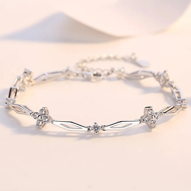 Zircon Four-leaf Grass Rhombus Silver Bracelet for Women