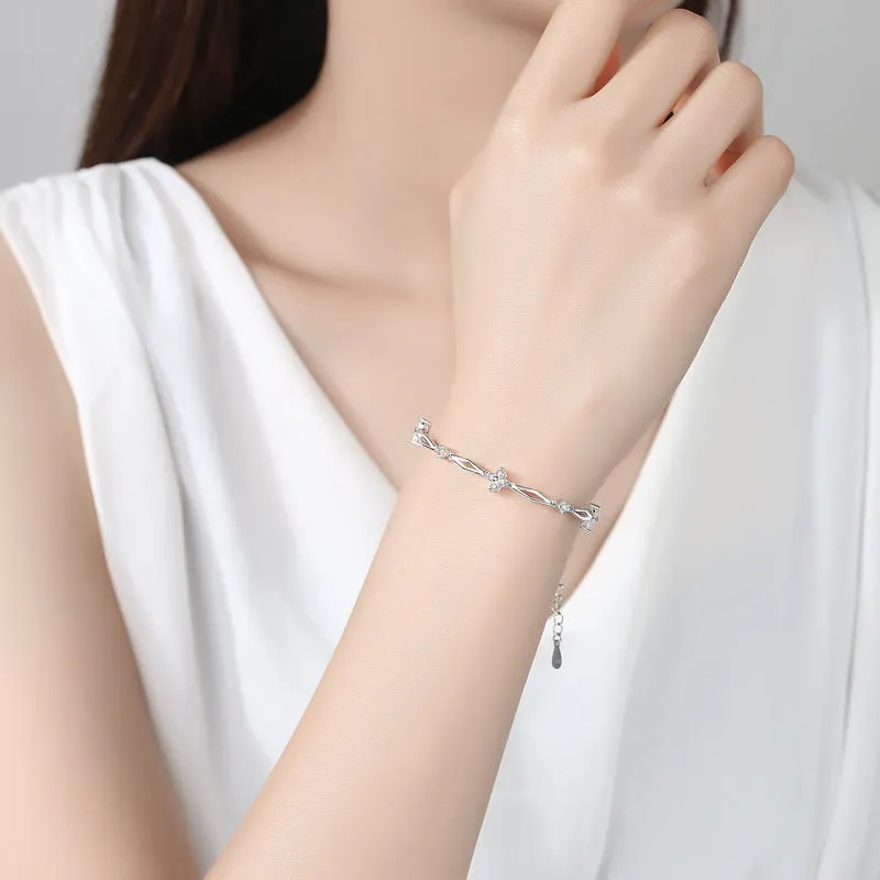 Zircon Four-leaf Grass Rhombus Silver Bracelet for Women