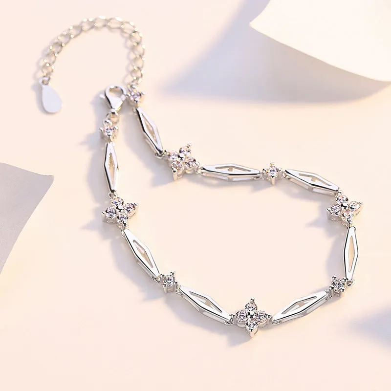 Zircon Four-leaf Grass Rhombus Silver Bracelet for Women