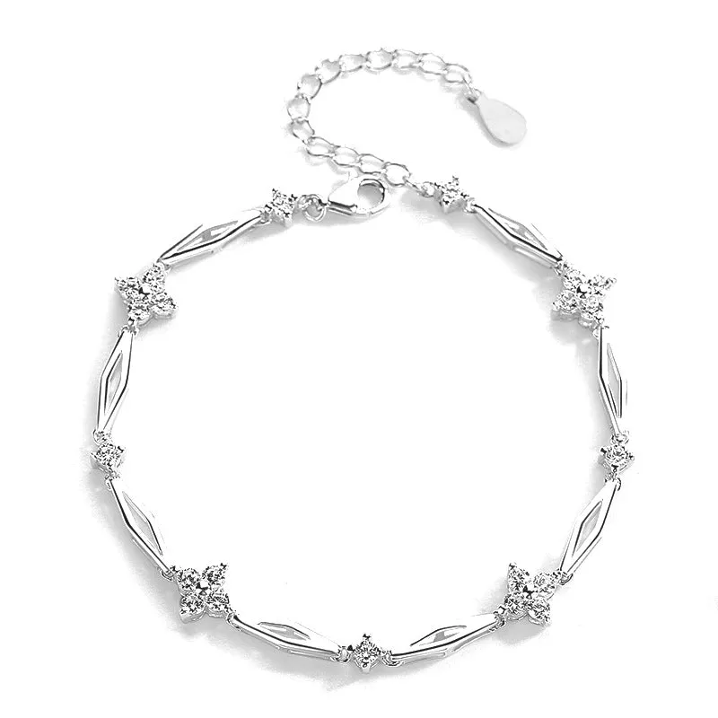 Zircon Four-leaf Grass Rhombus Silver Bracelet for Women