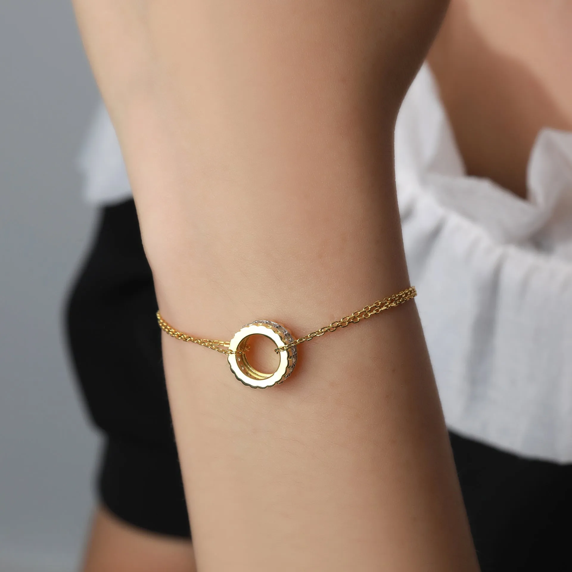 Zircon Golden Ring Pendant Sterling Silver Bracelet